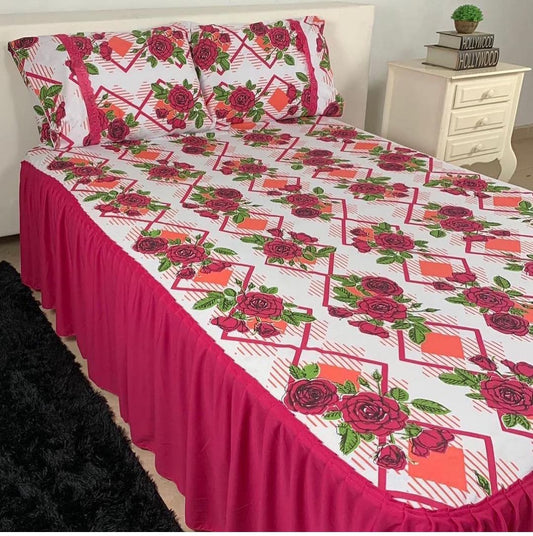 COLCHA BABADO HELANCA, SUPER KING, FLORAL, PINK