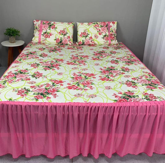 COLCHA BABADO HELANCA, SUPER KING, FLORAL, ROSA E BRANCO