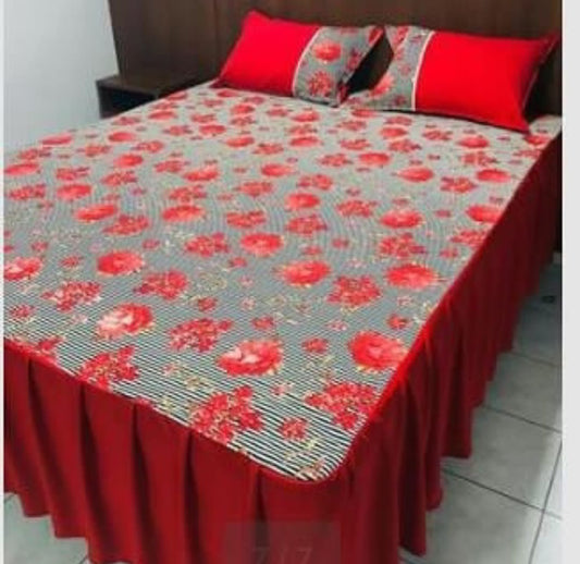 COLCHA BABADO HELANCA, SUPER KING, FLORAL, VERMELHO E LISTRADO