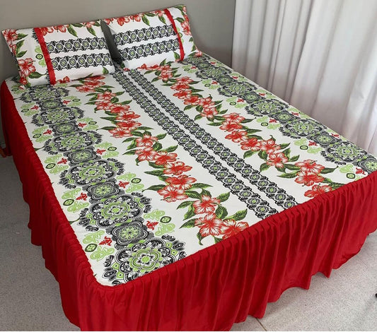 COLCHA BABADO HELANCA, SUPER KING, FLORAL, VERMELHO E BRANCO