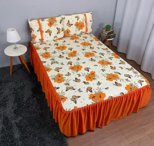 COLCHA BABADO HELANCA, SUPER KING, FLORAL, LARANJA