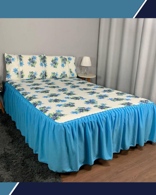 COLCHA BABADO HELANCA, SUPER KING, FLORAL, AZUL E BRANCO