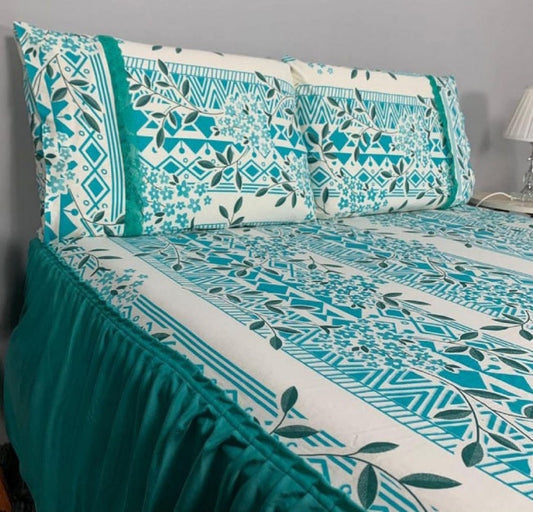 COLCHA BABADO HELANCA, SUPER KING, FLORAL, TURQUESA